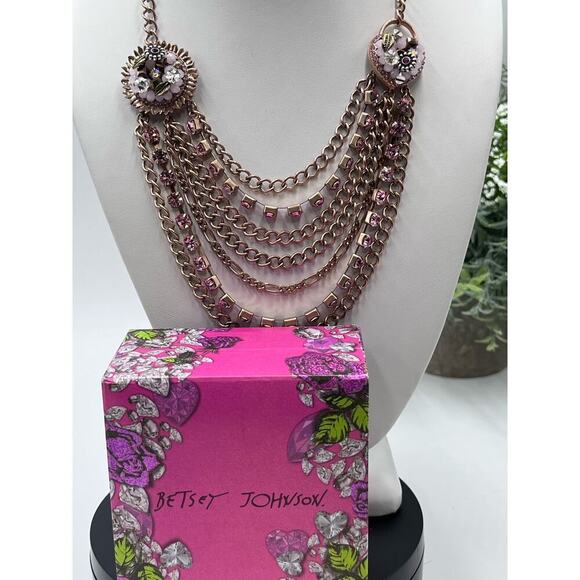 Betsey Johnson Pink Rose Gold-Tone Woven Charm MultiChain Necklace New with Box - Picture 7 of 15